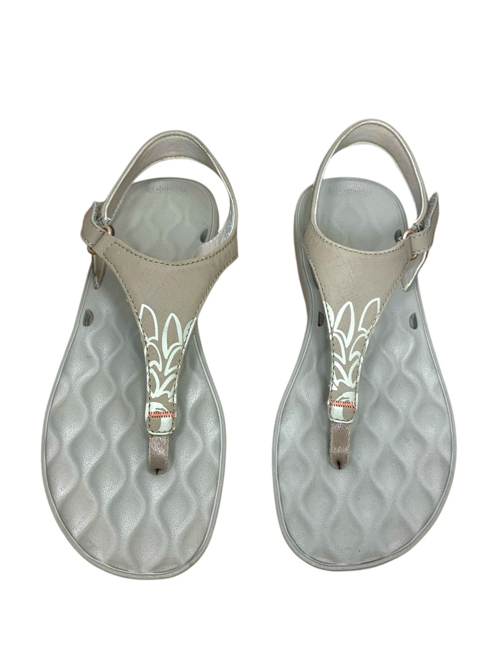 Columbia Suntech Taupe T-Strap Sandals Sz 9 White Floral Accents Minimalist Gorp